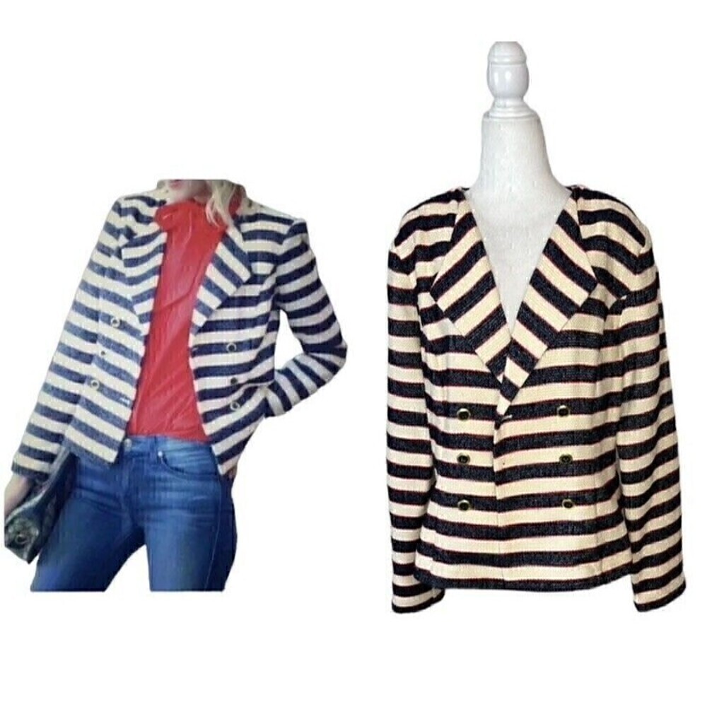 CABI I Love Carol Nautical Striped Woven Double Breasted Blazer Jacket Sz 10